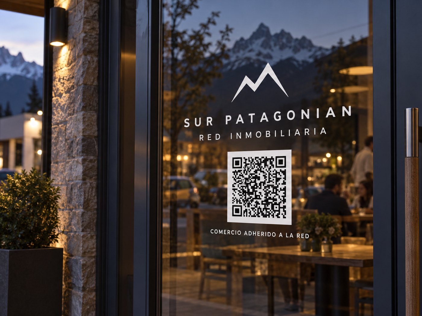 Vinilo de Sur Patagonian con QR en la vidriera de un comercio aliado